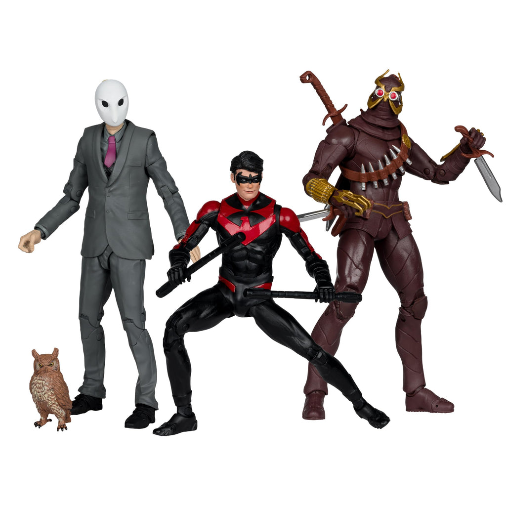 McFarlane Toys - DC Multiverse Nightwing vs Talon y Búho Figura de 7 pulgadas Paquete de 3 Etiqueta Dorada